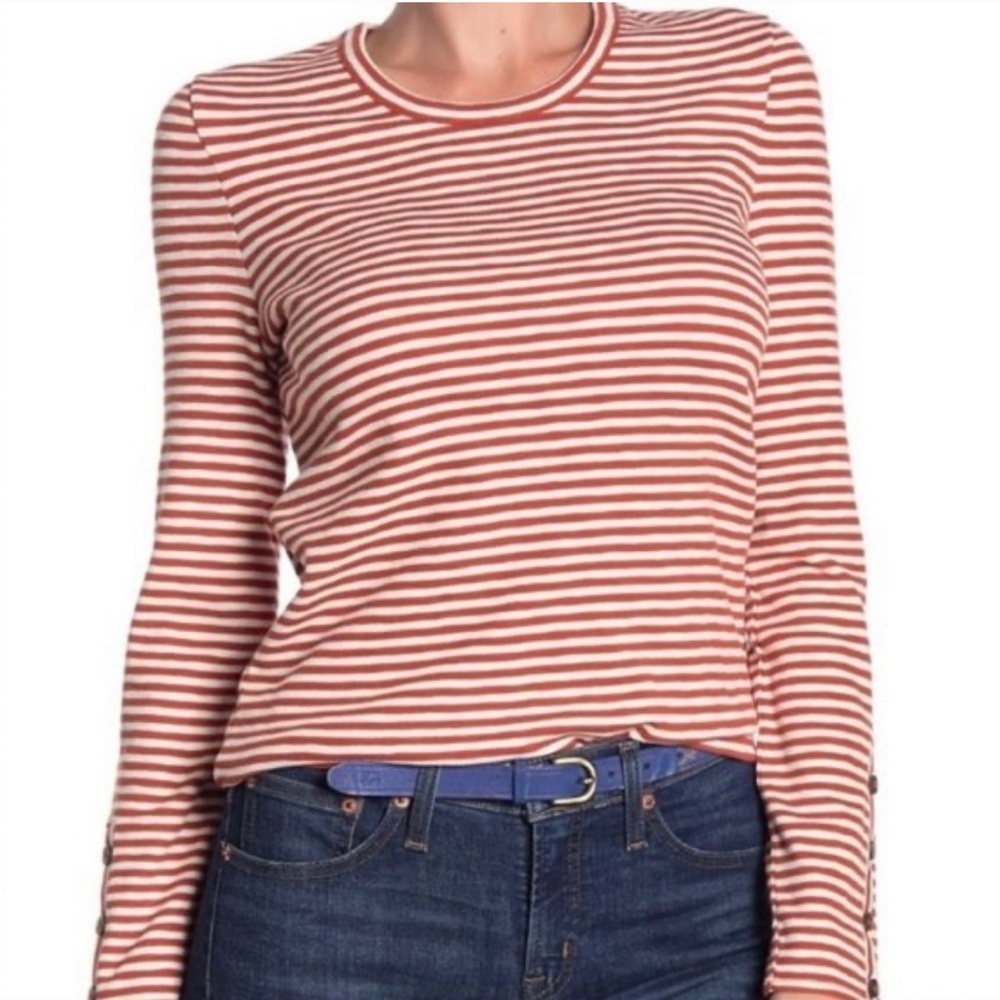 Madewell orange/rust and white striped long-sleeve shirt.